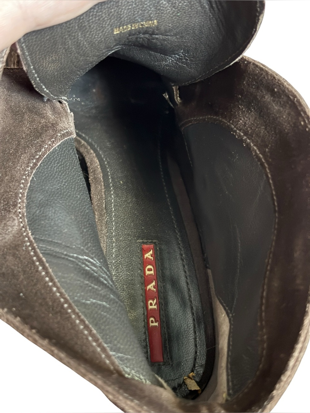 Authenticated Prada Milano Dark Brown Suede Brogue Heeled Ankle Boots - Picture 7 of 11